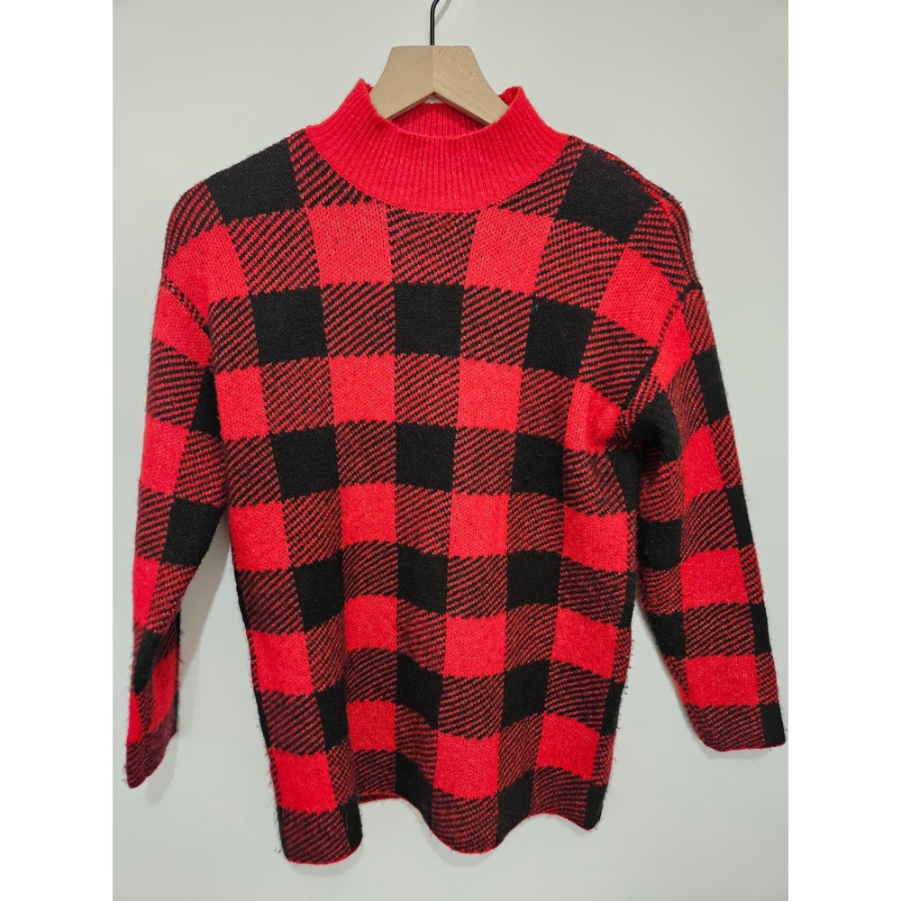 LOFT Petites Red Black‎ Buffalo Plaid Mock Neck Wool Blend Sweater SP